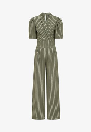 Olive green jumpsuit with vertical white stripes, short puff sleeves, a wrap neckline, and wide-leg pants. Textured fabric.