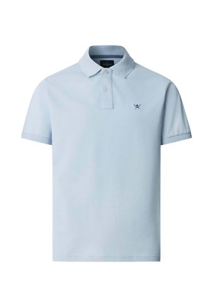 Polo a maniche corte azzurro chiaro con colletto, pattina con due bottoni e piccolo logo ricamato di remi incrociati blu navy sul petto.