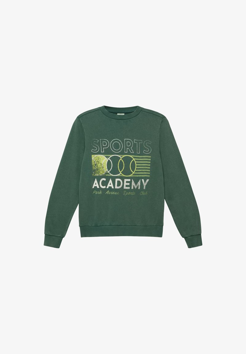 Sweat-shirt vert foncé avec le texte "SPORTS ACADEMY" et un graphisme de balles de tennis superposées et de rayures sur le devant.