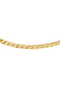 Goldene Halskette mit ineinandergreifenden Gliedern und einer glatten, glänzenden Oberfläche. Klassisches Design der Kurbelform, einheitlich in Dicke und Form.