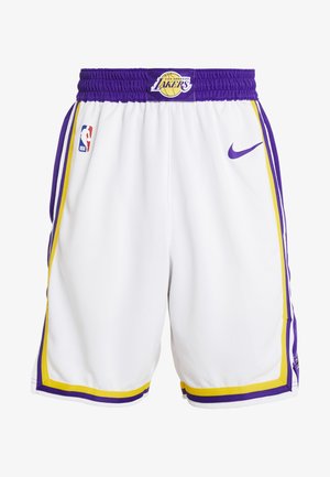 Hvide basketballshorts med lilla og gule detaljer, fremstillet i et tekstureret mesh-stof, med elastisk livrem og Los Angeles Lakers-logo.