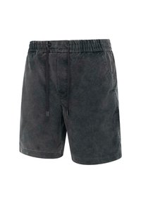 Donkergrijze shorts met een textuurafwerking, elastische tailleband, verstelbare trekkoord en zijzakken. Casual ontwerp geschikt voor verschillende activiteiten.