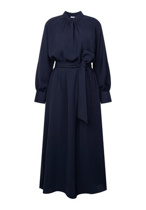 Marineblaues Midikleid mit langen Ärmeln, hohem gerafftem Kragen, breiten Manschetten und passendem Gürtel, der in der Taille gebunden ist.