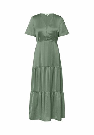 Vestido midi de satén verde salvia con mangas cortas, escote en V, botones en la parte delantera y falda de volantes.