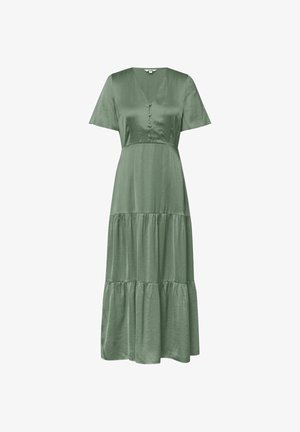 Vestido midi de satén verde salvia con mangas cortas, escote en V, botones en la parte delantera y falda de volantes.