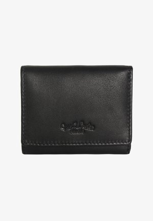 Sort læderpung med syning langs kanterne og præget mærkenavn "Guest Leather studio" på frontklappen.