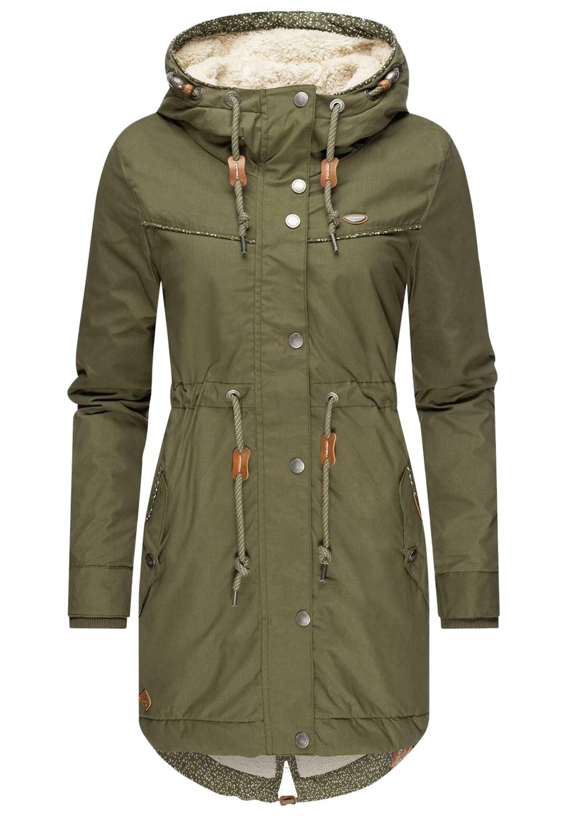 Parka verde oliva con cappuccio foderato in pelliccia sintetica, cordini, molteplici bottoni e tasche. Tessuto testurizzato con orlo arrotondato.