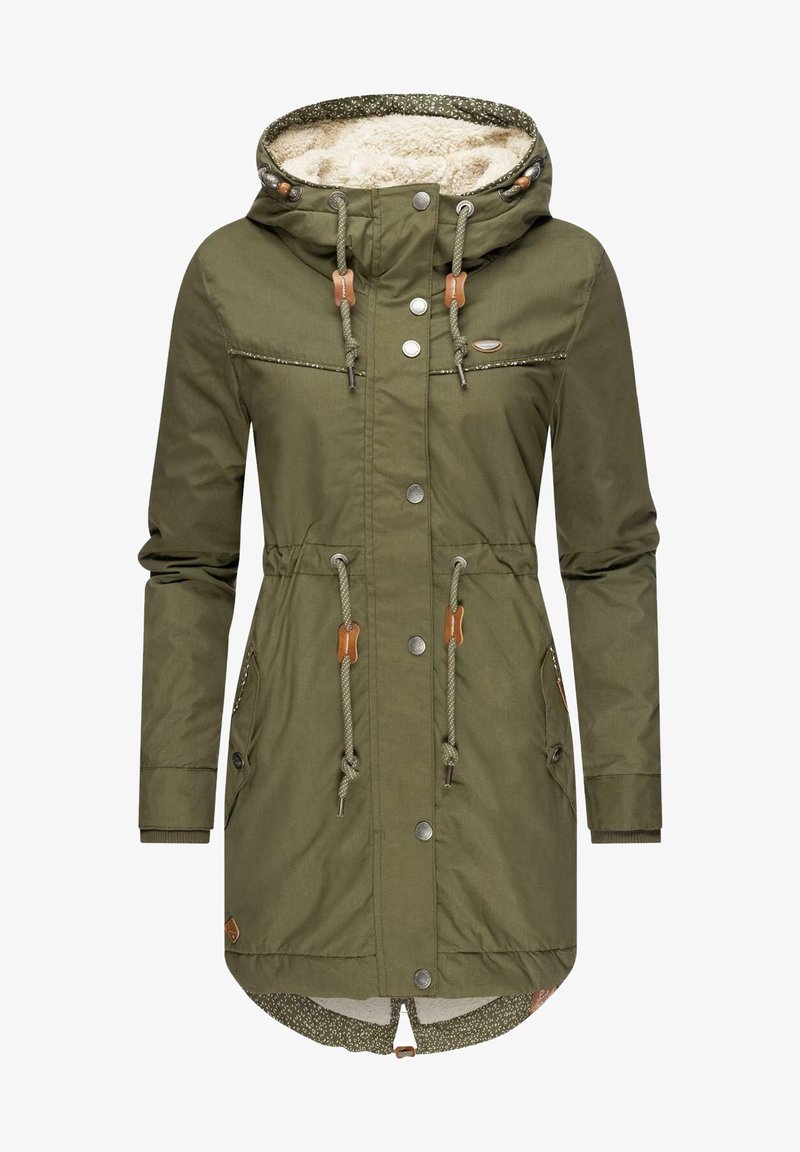 Parka verde oliva con cappuccio foderato in pelliccia sintetica, cordini, molteplici bottoni e tasche. Tessuto testurizzato con orlo arrotondato.
