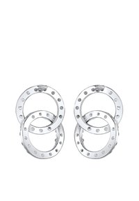 Boucles d'oreilles en argent en forme de créoles avec trois cercles entrelacés, présentant des trous sur les bords pour le détail. Fini lisse et brillant.