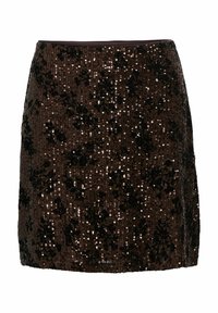 Bruine pailletten mini-rok met een strakke pasvorm en verticale strepen, versierd met bloempatronen voor extra textuur en detail.