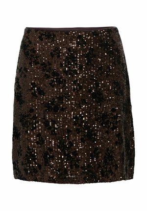 Brun lurex mini-skirt med en tætsiddende pasform og lodrette striber, pyntet med blomsterprint for ekstra tekstur og detaljer.