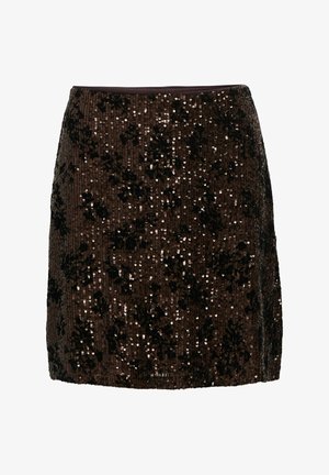 Mini-jupe en sequins marron au design ajusté avec des rayures verticales, ornée de motifs floraux pour plus de texture et de détails.