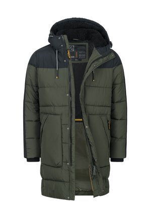 Groene gewatteerde jas met een zwart bovenstuk, voorzien van een capuchon, ritssluiting, twee zijzakken en een gestructureerde voering aan de binnenkant.