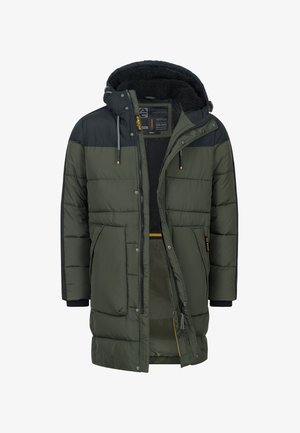 Zielona pikowana kurtka z czarną górną częścią, wyposażona w kaptur, zapięcie na zamek, dwie boczne kieszenie oraz teksturowaną podszewkę wewnętrzną.