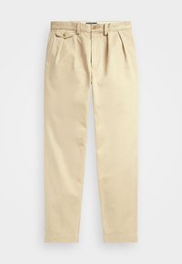 Beiga bomullbyxor med rak passform, med två framfickor, veck och knappstängning. Slät textur och ren design.