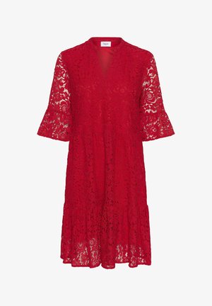Red lace dress with a V-neck, flared three-quarter sleeves, and a tiered hemline. Floral lace pattern throughout. Lightweight and semi-sheer.