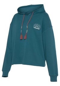 Felpa verde acqua con coulisse, caratterizzata da accenti colorati, un pon-pon e un logo bianco ricamato "PARADISE" con raggi di sole.