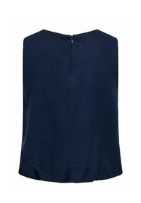 Haut bleu marine sans manches avec une fermeture éclair au dos et un ourlet légèrement arrondi.