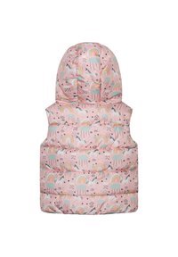 Vaate liila pufferi, jossa on huppu, ja leikkisä kuvio unikoista, sateenkaarista ja pilvistä. Valmistettu tikatusta, kevyestä materiaalista.