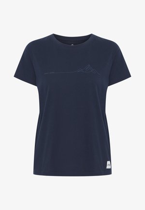 Navy blue short-sleeve t-shirt made of soft fabric, featuring a subtle mountain line design on the front and a small logo tag at the hem.