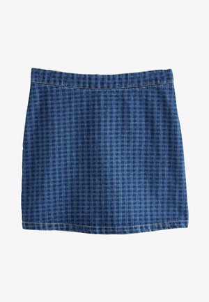 Dżinsowa mini spódnica w ciemnym niebieskim kolorze w kratkę. Posiada prosty krój, wykończony dół oraz stebnowanie wzdłuż pasa.