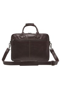 Brown leather briefcase with dual top handles, removable shoulder strap, front zip pocket, and contrasting stitching. Smooth texture. Rectangular shape.