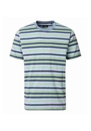 Herre kortærmet t-shirt med rund halsudskæring med vandrette striber i blå, grønne og grå nuancer.