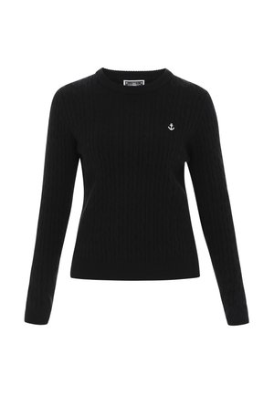 Črni pulover iz kabelskega pletenja z dolgimi rokavi, okroglo ovratnikom in majhnim belim sidrnim simbolom na prsih. Mehka tekstura in prilegajoč dizajn.