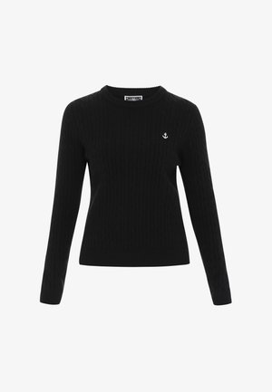 Črni pulover iz kabelskega pletenja z dolgimi rokavi, okroglo ovratnikom in majhnim belim sidrnim simbolom na prsih. Mehka tekstura in prilegajoč dizajn.
