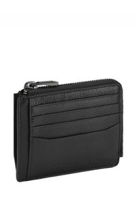 Portafoglio in pelle nera con superficie testurizzata, più scomparti per carte e chiusura con cerniera. Caratterizzato da linee eleganti e design minimalista.