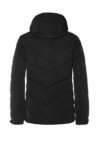 Zwarte pufferjack met capuchon, voorzien van een chevron-quiltpatroon, elastische manchetten en een gladde, matte textuur.
