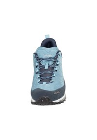 Light blue hiking shoe with suede and mesh materials, featuring dark blue accents, a textured pattern, and a rubber sole with speckles.