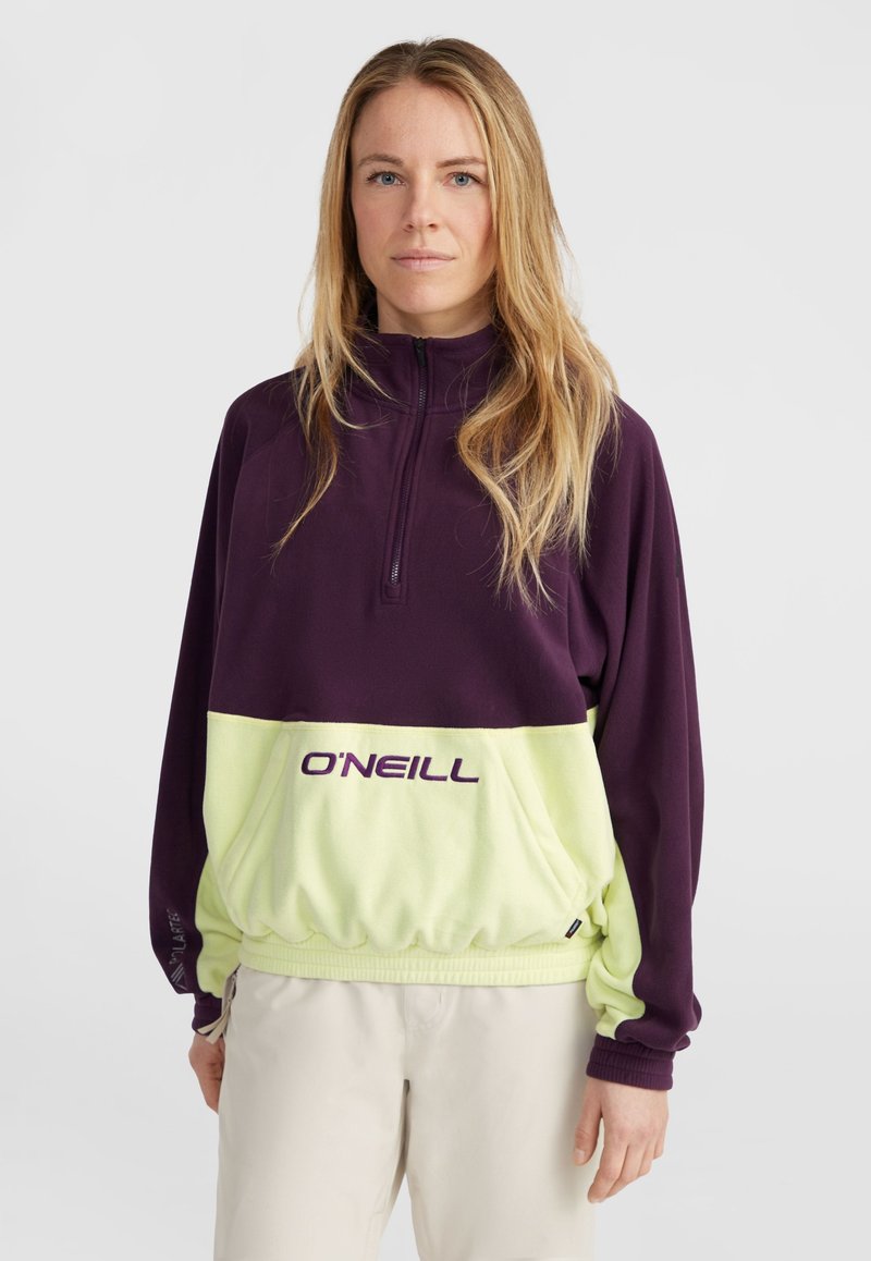 Paars en lichtgroen ritsvest met elastische onderrand, met het 'O'NEILL' logo in donkerpaars, gemaakt van zachte stof met een relaxte fit.