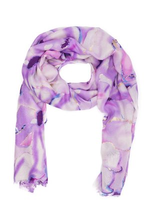 Scarf viola con un motivo floreale in tonalità di glicine e viola, tessuto leggero e bordi frangiati. Texture morbida.