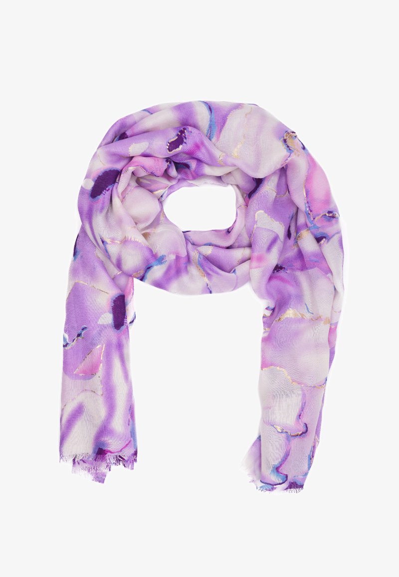 Scarf viola con un motivo floreale in tonalità di glicine e viola, tessuto leggero e bordi frangiati. Texture morbida.