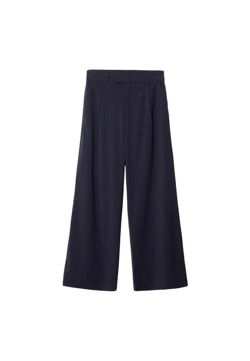 Mornarsko široke hlače iz gladkega materiala, z jasno opredeljenim pasom, gubami in strukturirano obliko, ki padajo pod gleženj.