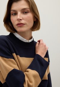 Navy- und beige gestreifter Pullover mit hohem Kragen, strukturiertem Stoff und überschnittenen Schultern. Weiße Bluse darunter, weiches Strickmuster.