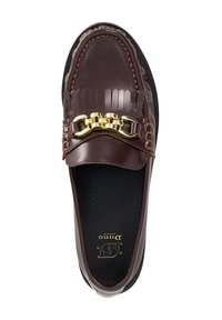 Brown leather loafer with a textured upper, gold chain accent, and cushioned insole. Flat sole with perforations for breathability.