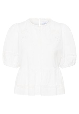 Bijela bluza kratkih rukava s napuhanim rukavima, okruglim izrezom, nježnim čipkanim obrubom i detaljem peplum struka.