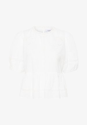 Bijela bluza kratkih rukava s napuhanim rukavima, okruglim izrezom, nježnim čipkanim obrubom i detaljem peplum struka.