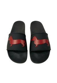 Infradito neri con finitura testurizzata, caratterizzati da una silhouette di dachshund rossa sulle fascette. Materiale morbido e flessibile.