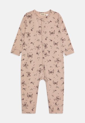 Helles Pink Langarm-Spielanzug mit Blumen- und Schmetterlingsmuster, Frontreißverschluss, enganliegender Schnitt und gerippten Bündchen. Weicher Stoff.