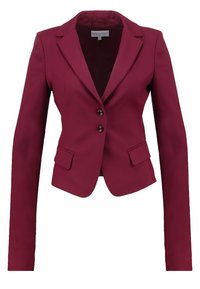 Blazer rojo con un corte ajustado, solapas de muesca, cierre de dos botones y dos bolsillos frontales. Fabricado con una tela suave y un diseño estructurado.