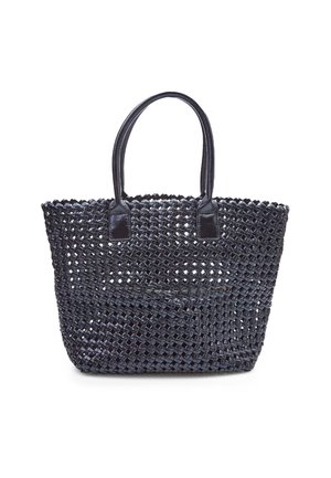 Audinių pintinė tamsiai mėlyna, turinti tekstūruotą paviršių, dvi odai panašias rankenas ir atvirą viršų su erdviu vidumi.