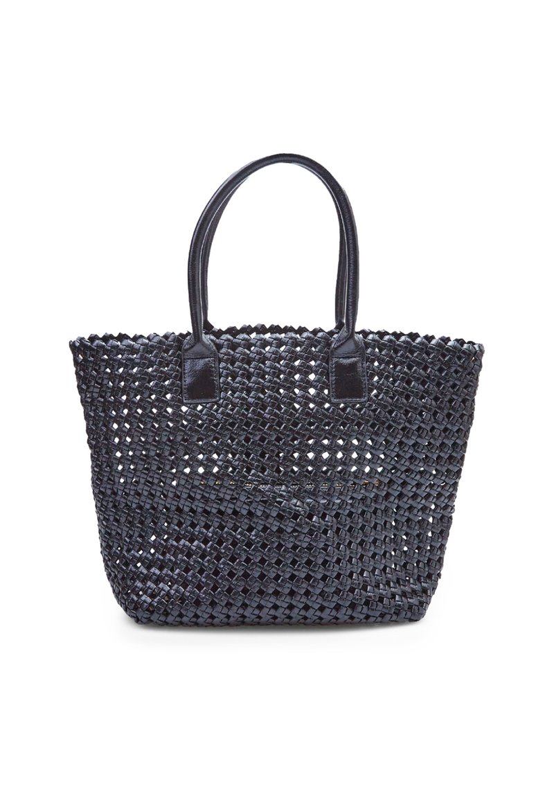 Audinių pintinė tamsiai mėlyna, turinti tekstūruotą paviršių, dvi odai panašias rankenas ir atvirą viršų su erdviu vidumi.