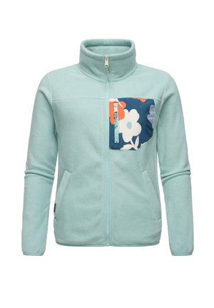 Light blue fleece jacket featuring a high collar, zippered front, and a patterned chest pocket with floral designs in blue, white, and orange.