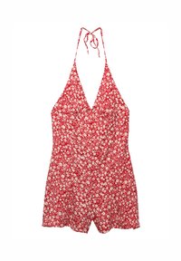 Romper rosso a collo alto con fiori, dal busto aderente, pantaloni a palazzo e spalline da annodare. Presenta piccoli motivi floreali bianchi su un tessuto testurizzato.