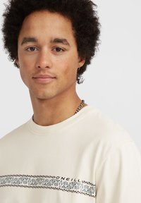 Crème kleurig t-shirt gemaakt van katoen. Bevat een decoratieve gestreepte print over de borst in blauw en zwart. Ronde halslijn.