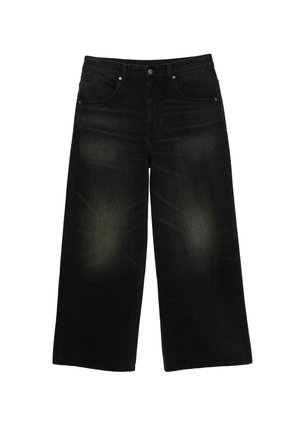Pantaloni largi din denim negru, cu talie medie, care includ cinci buzunare, o ușoară decolorare pe genunchi și detalii cu tiv brut.