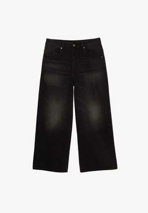 Schwarze Denim-Hosen mit weitem Bein und mittelhohem Bund, ausgestattet mit fünf Taschen, dezentem Verblassen an den Knien und rohem Saum.